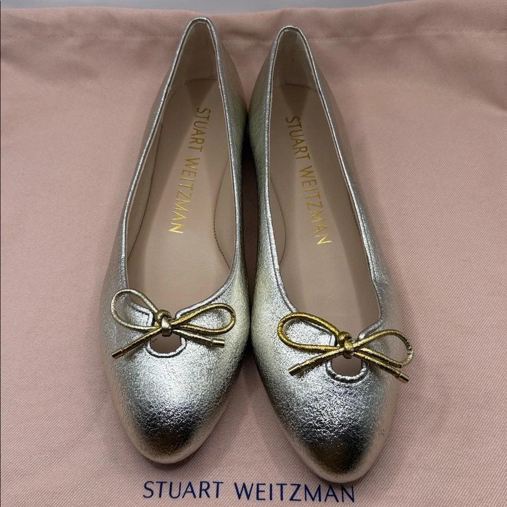 Stuart Weitzman Women's Gabby Flats, Platino, Gold, Metallic, US 7.5, NWOT